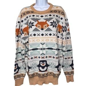 H&M Mens Fair Isle Fox Penguin Sweater Size‎ L Nordic Winter Jumper Preppy